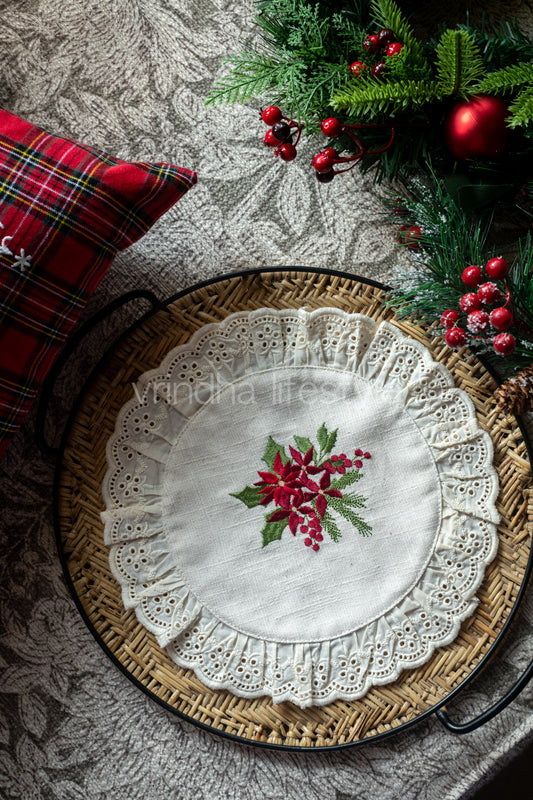Round embroidered table mat with lace detailing ,10 inches-Single unit