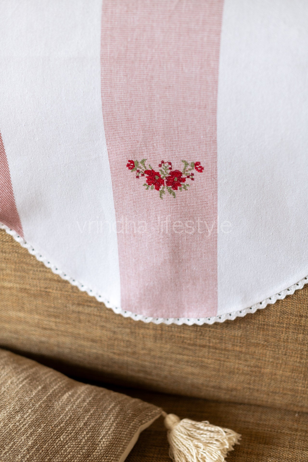 SOFA BACK COVER-with cross stitch embroidery and lace detailing -Set of 5