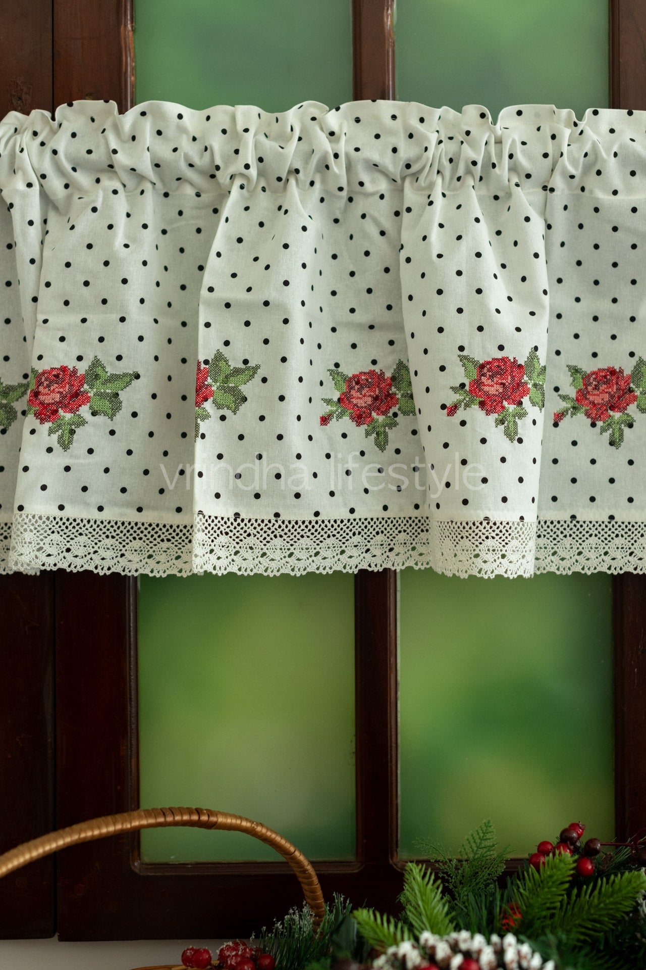 KITCHEN VALANCE-Embroidered printed polka dot fabric-Single unit-customisable