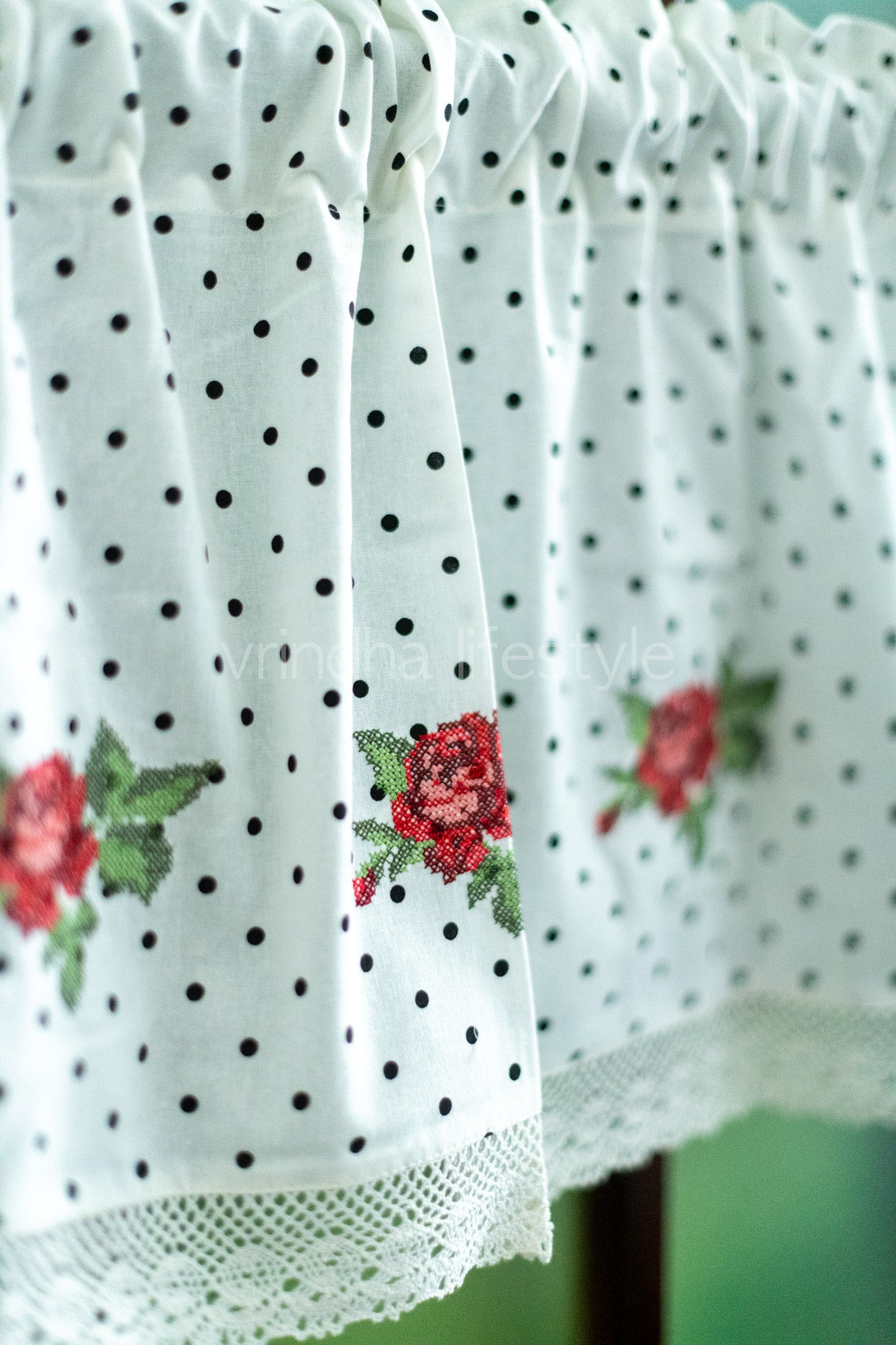KITCHEN VALANCE-Embroidered printed polka dot fabric-Single unit-customisable