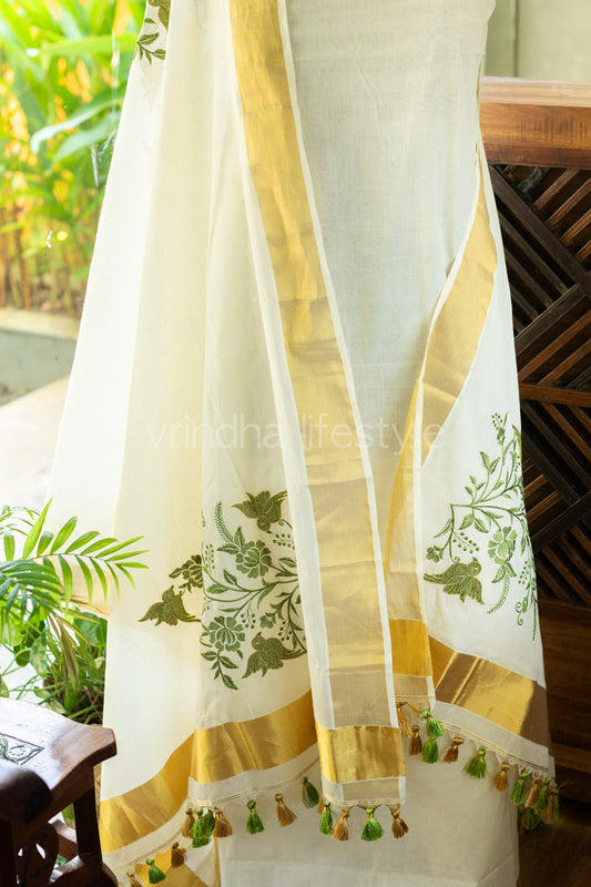 Embroidered  Kerala Kasavu salwar set