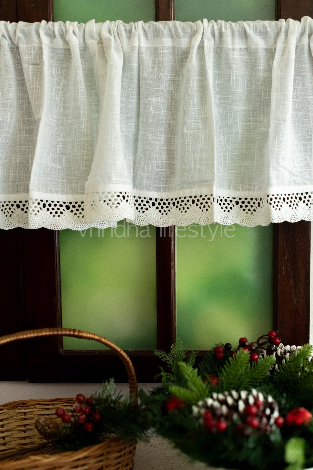 KITCHEN VALANCE-cotton slub with lace detailing (customisable )