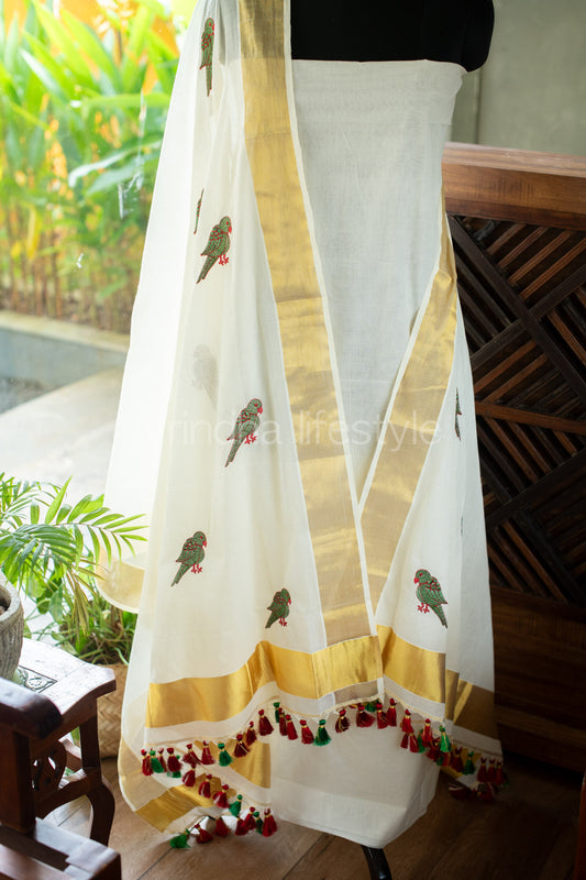 Embroidered Kerala Kasavu salwar set