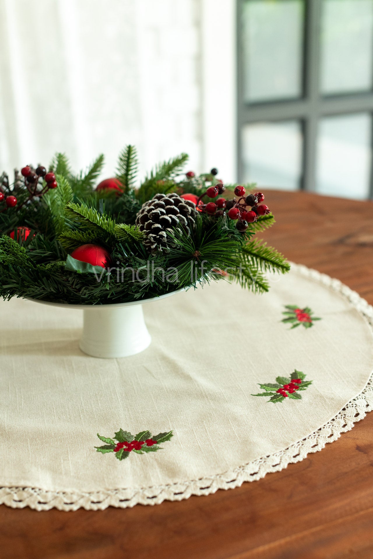 Round table cloth with embroidery and lace detailing-25 inches-coffee table cover