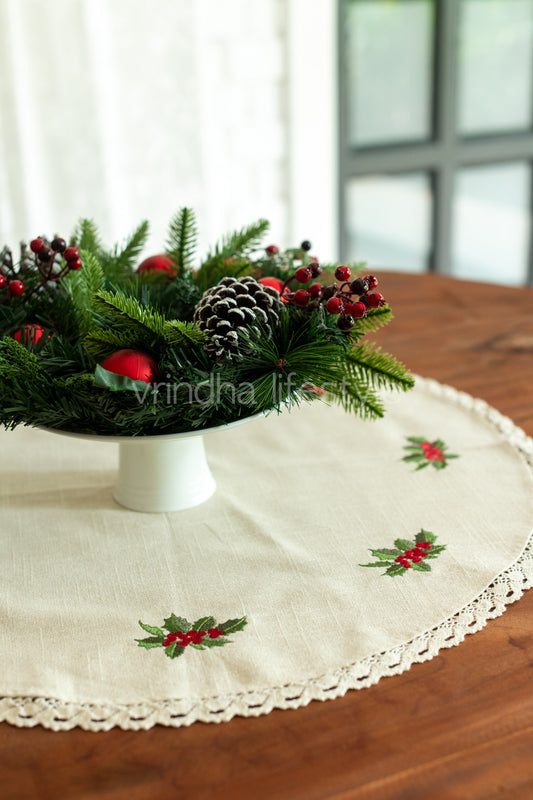 Round table cloth with embroidery and lace detailing-25 inches-coffee table cover