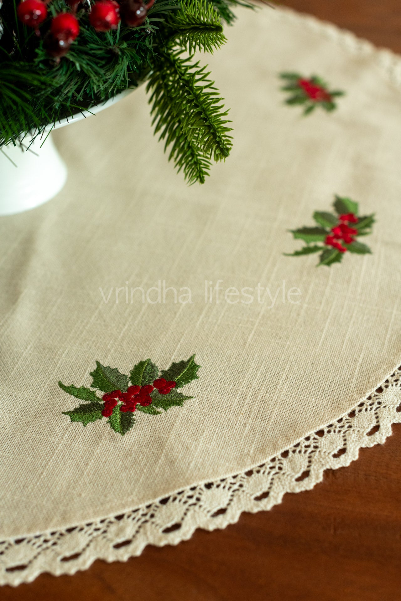 Round table cloth with embroidery and lace detailing-25 inches-coffee table cover