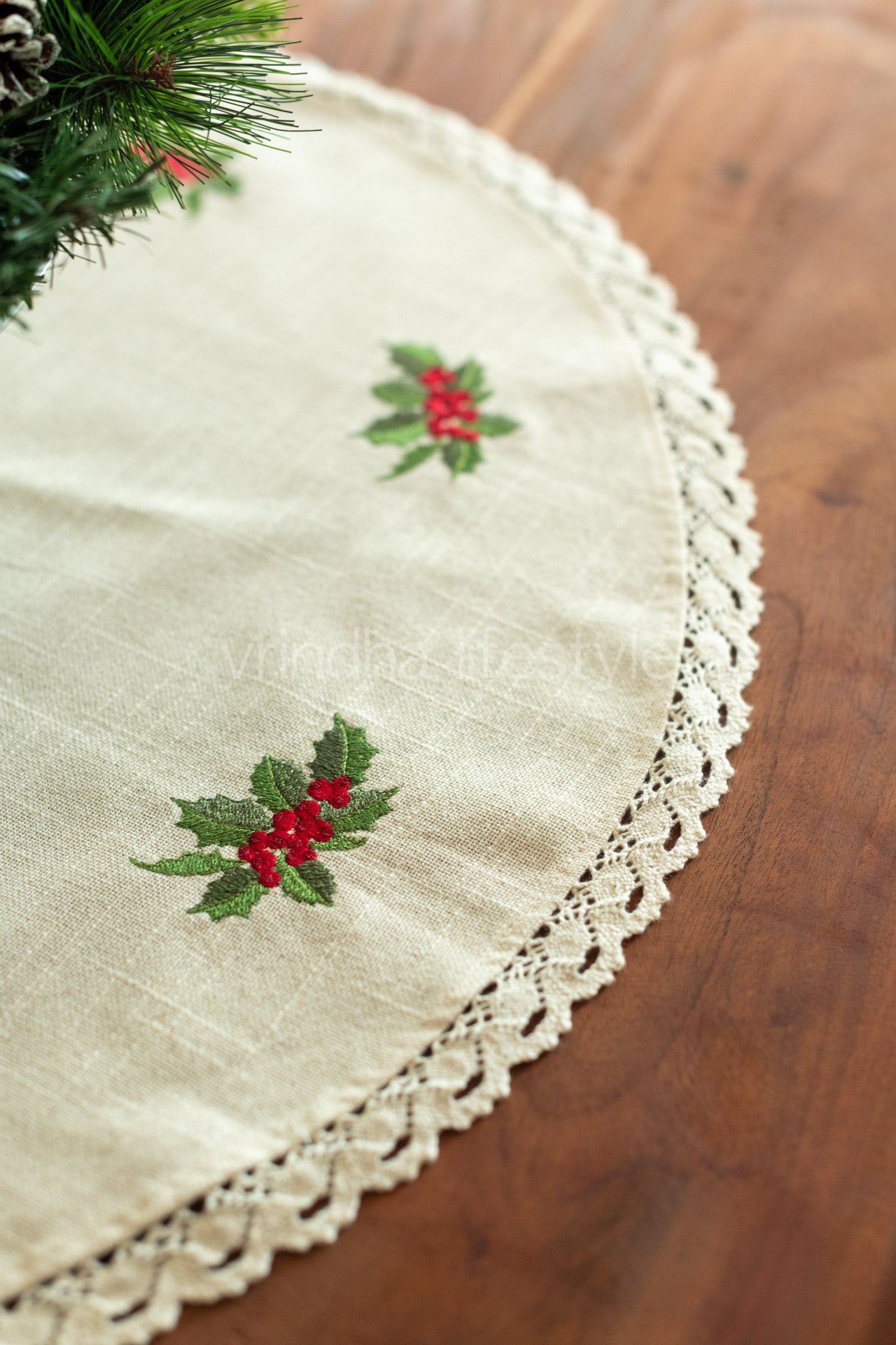 Round table cloth with embroidery and lace detailing-25 inches-coffee table cover