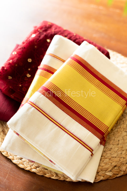 Kerala Kasavu Set Mundu-Maroon