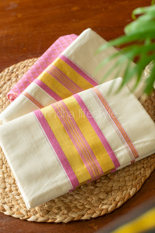 Kerala Kasavu Set Mundu-Light Pink