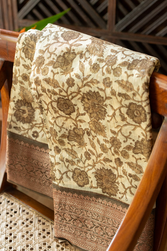 Printed Chanderi silk saree with antique zari border