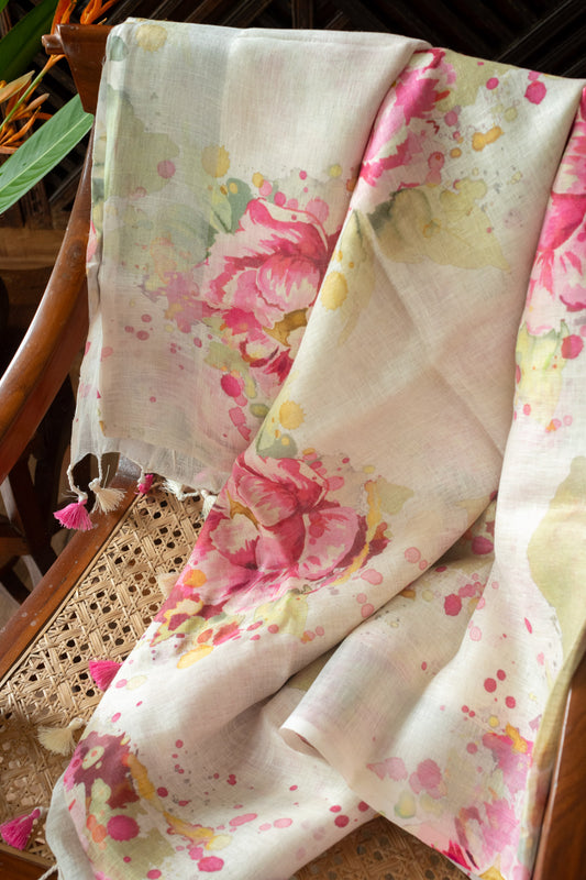 Printed pure Linen  saree