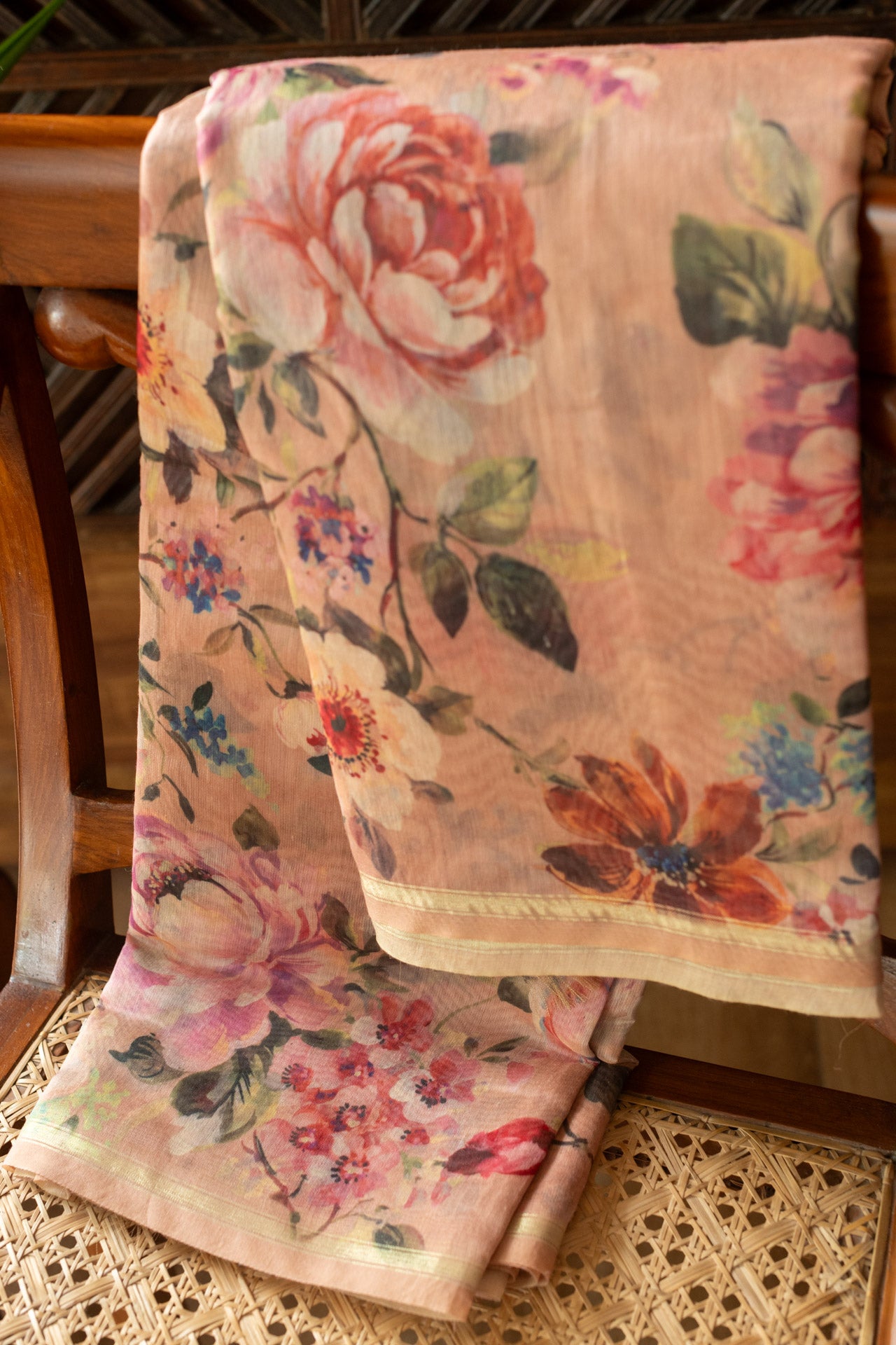 Printed Chanderi silk saree-peach