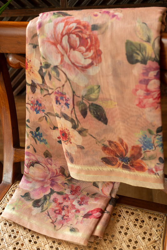 Printed Chanderi silk saree-peach