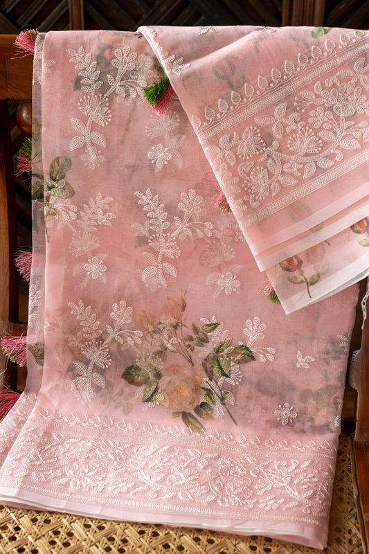 Embroidered semi organza saree-Pink