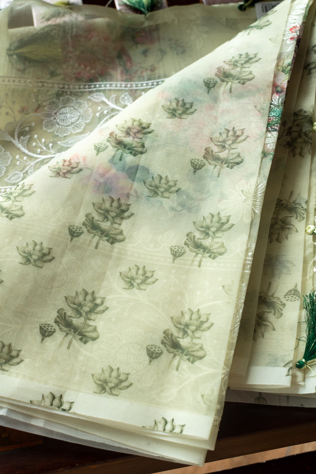 Embroidered semi organza saree-pista green