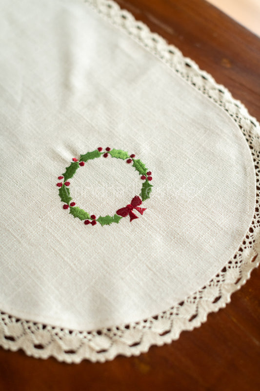 Cotton coffee table runner with embroidery and lace detailing - 12x32inches