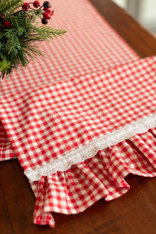 Cotton table runner with frill-Gingham fabric with lace detailing