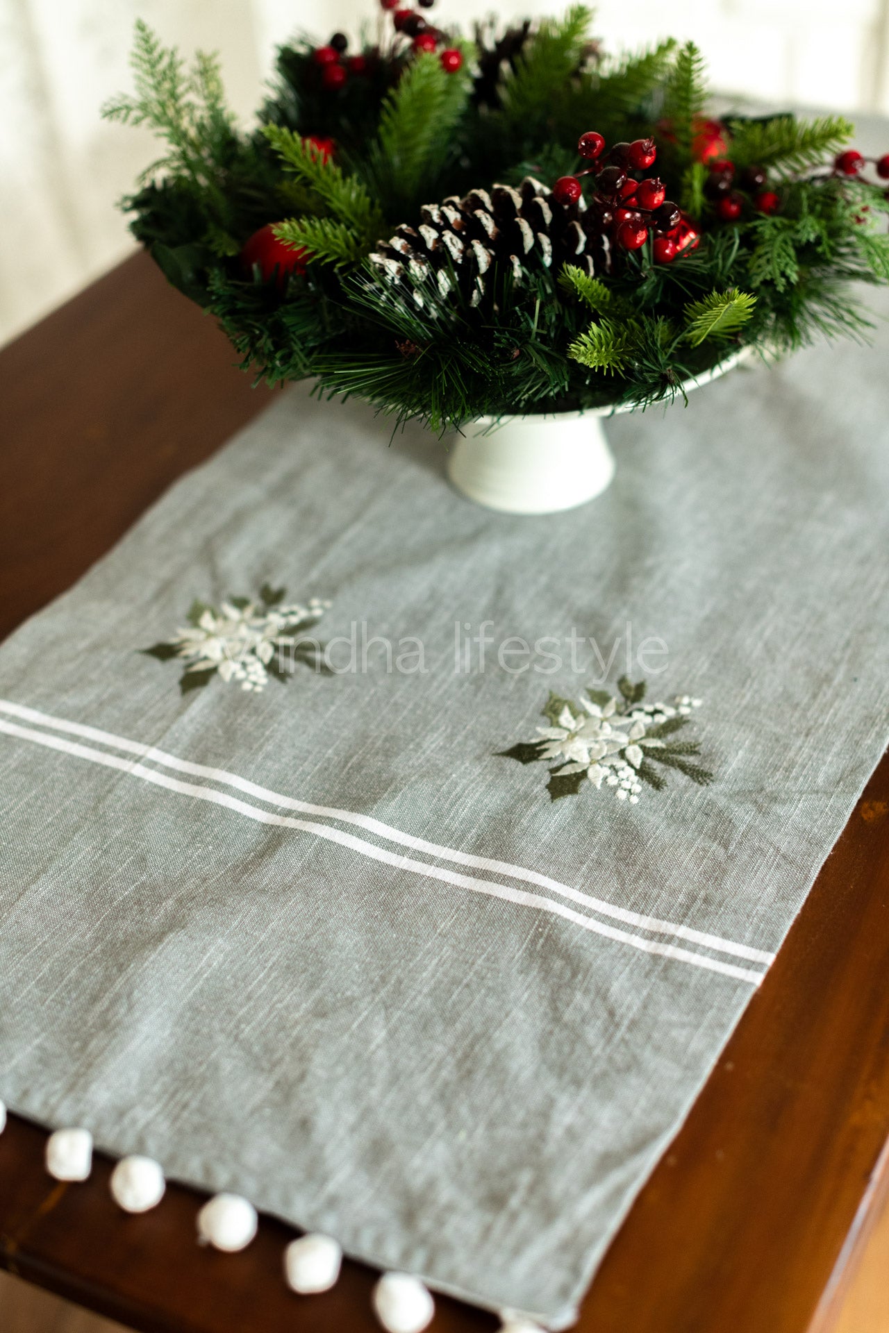 Cotton table runner with pompom  detailing - 15x50 inches
