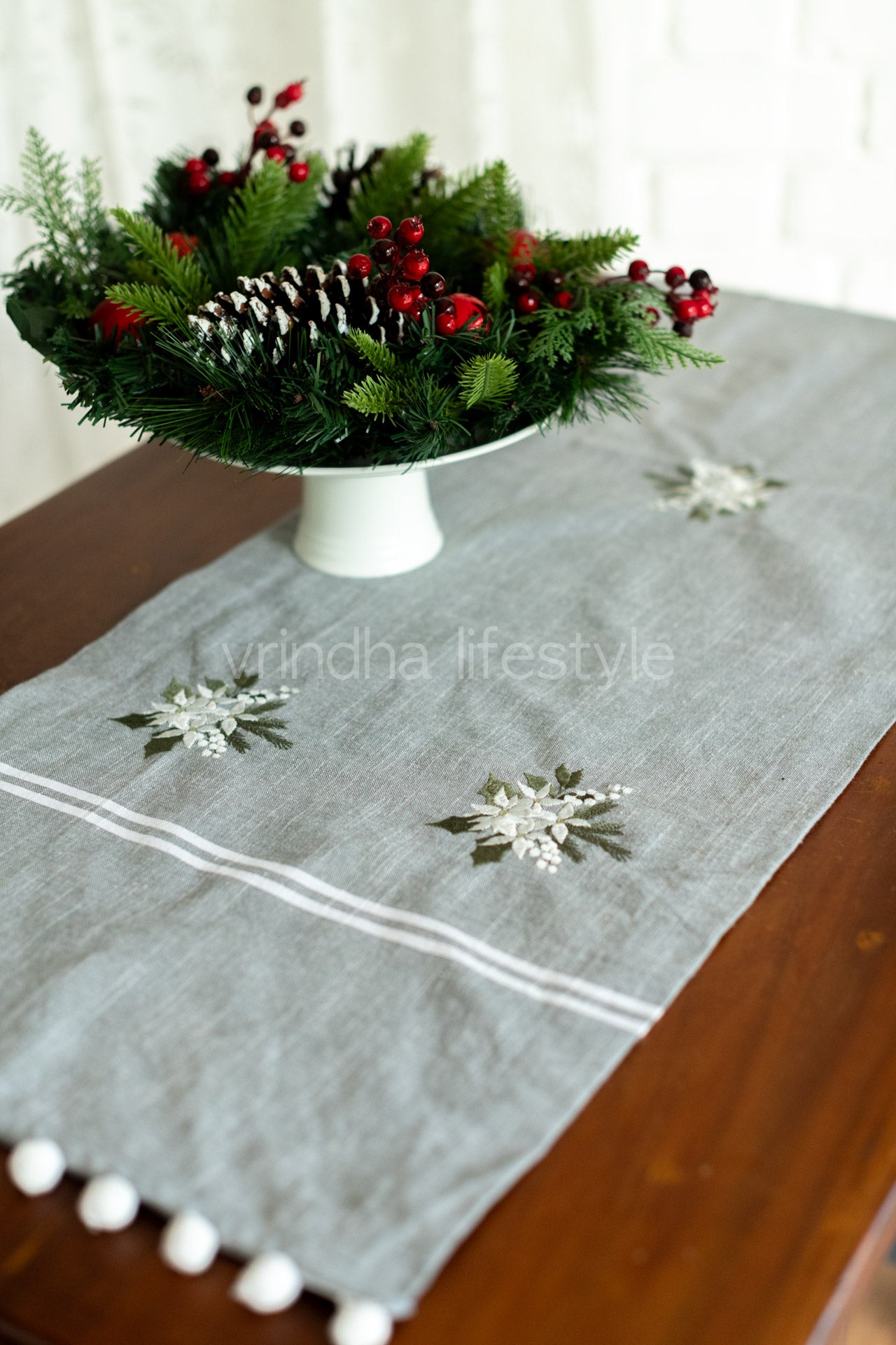 Cotton table runner with pompom  detailing - 15x50 inches