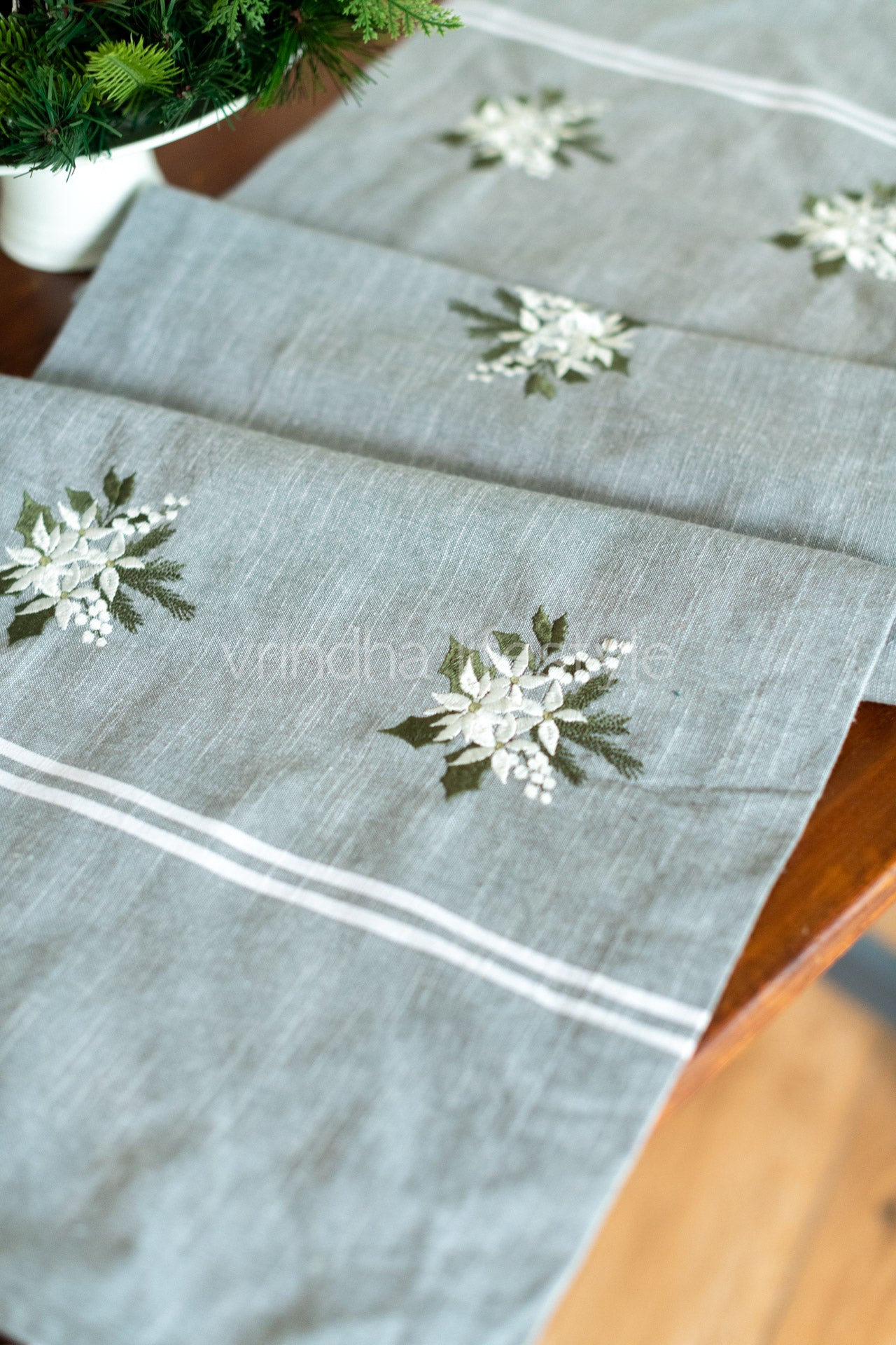 Cotton table runner with pompom  detailing - 15x50 inches