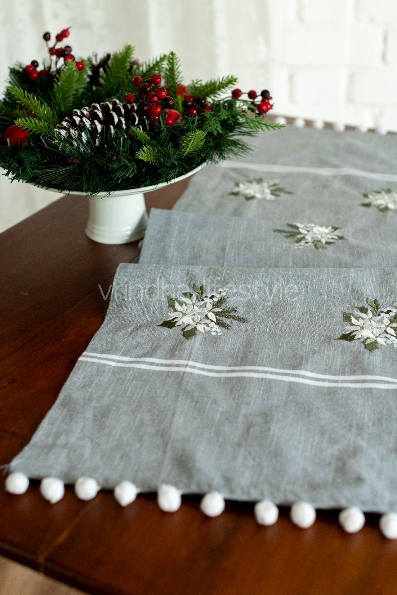 Cotton table runner with pompom  detailing - 15x50 inches