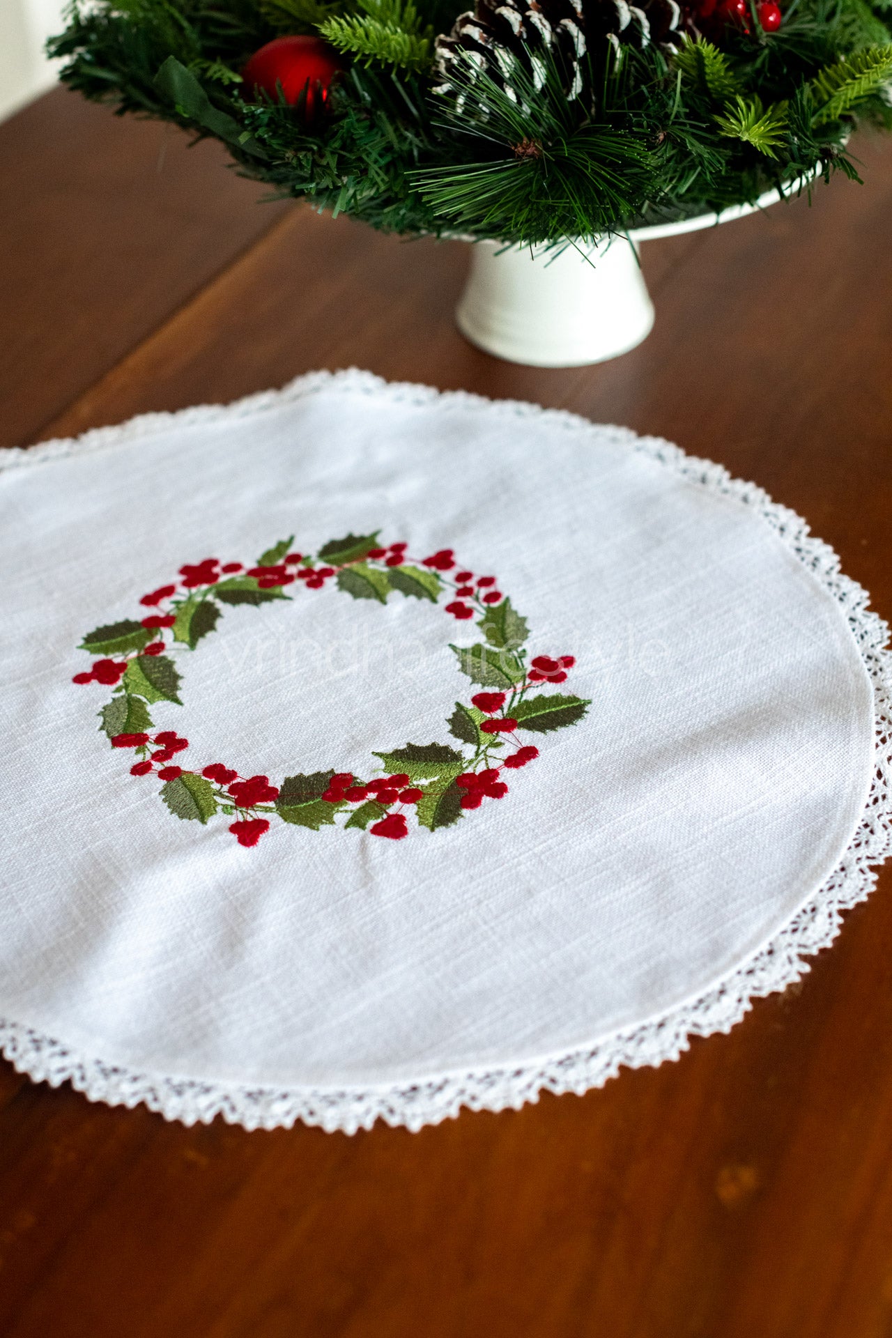 Round table mat with embroidery and lace detailing-15 inches