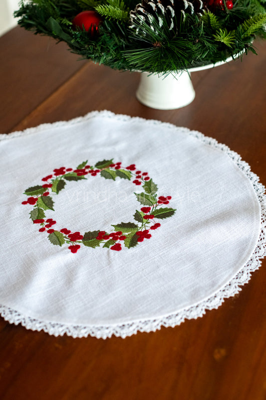 Round table mat with embroidery and lace detailing-15 inches
