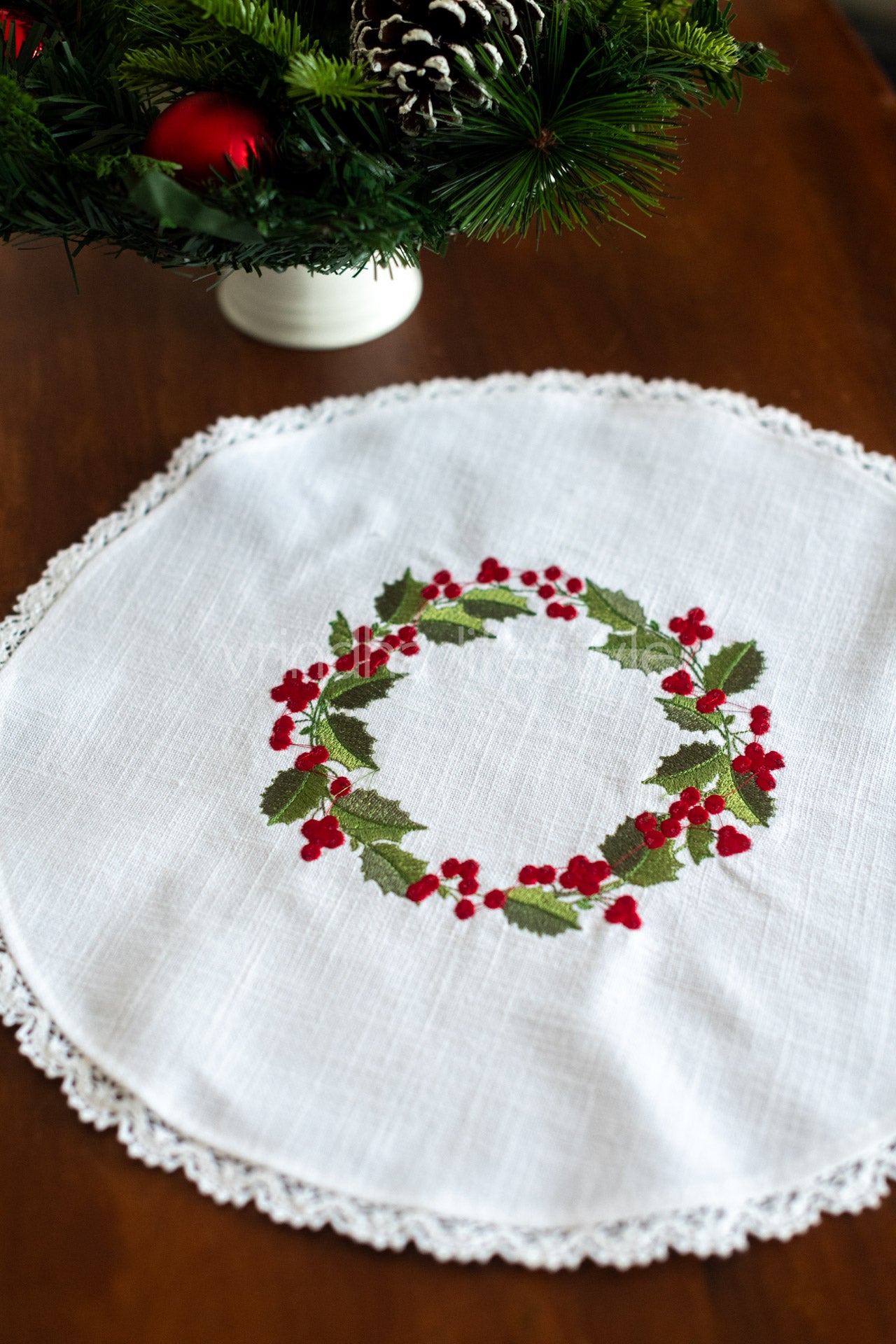 Round table mat with embroidery and lace detailing-15 inches