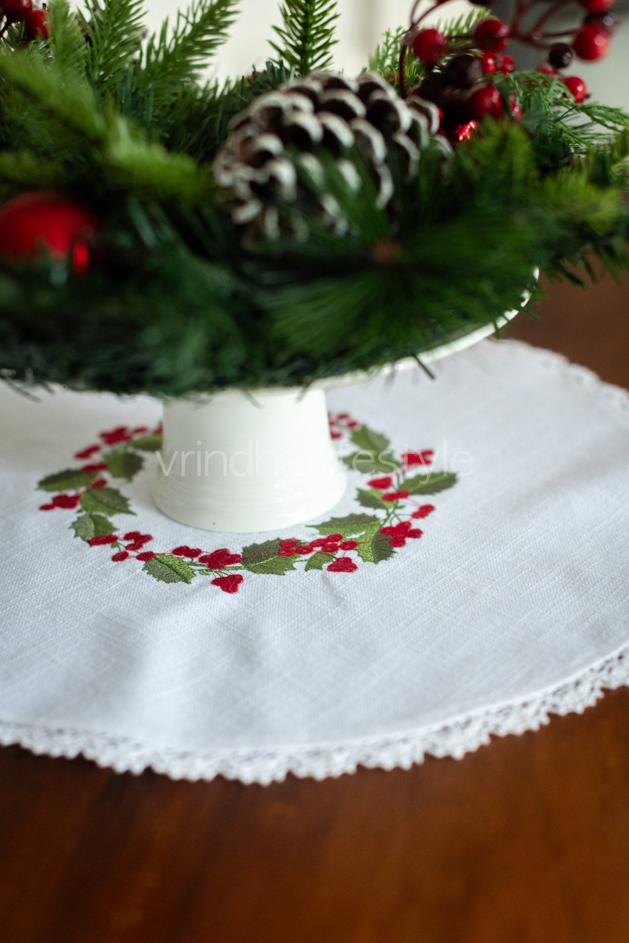 Round table mat with embroidery and lace detailing-15 inches