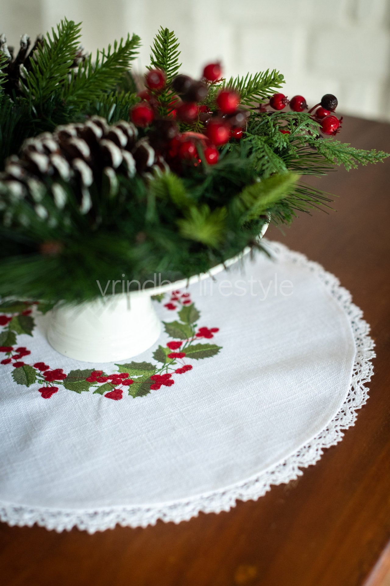 Round table mat with embroidery and lace detailing-15 inches