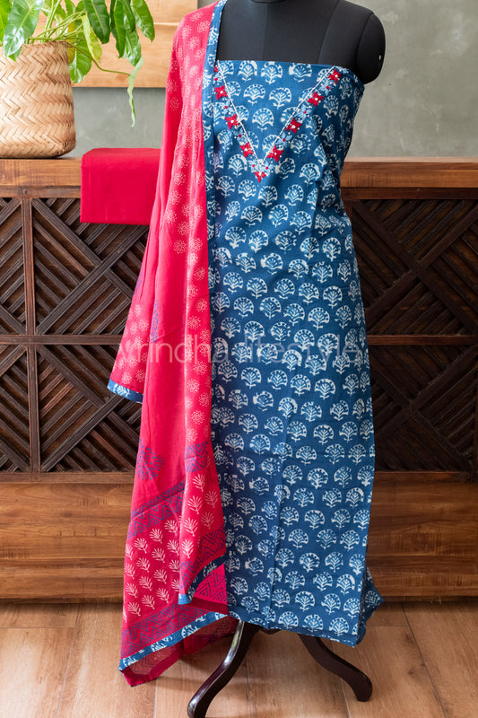 Cotton Kurtha material with neck embroidery ,and semi chanderi cotton dupatta