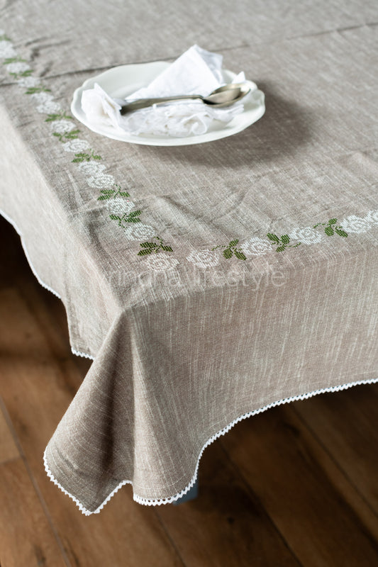 COTTON TABLE CLOTH with floral cross stitch embroidery -8/6 seater-customisable