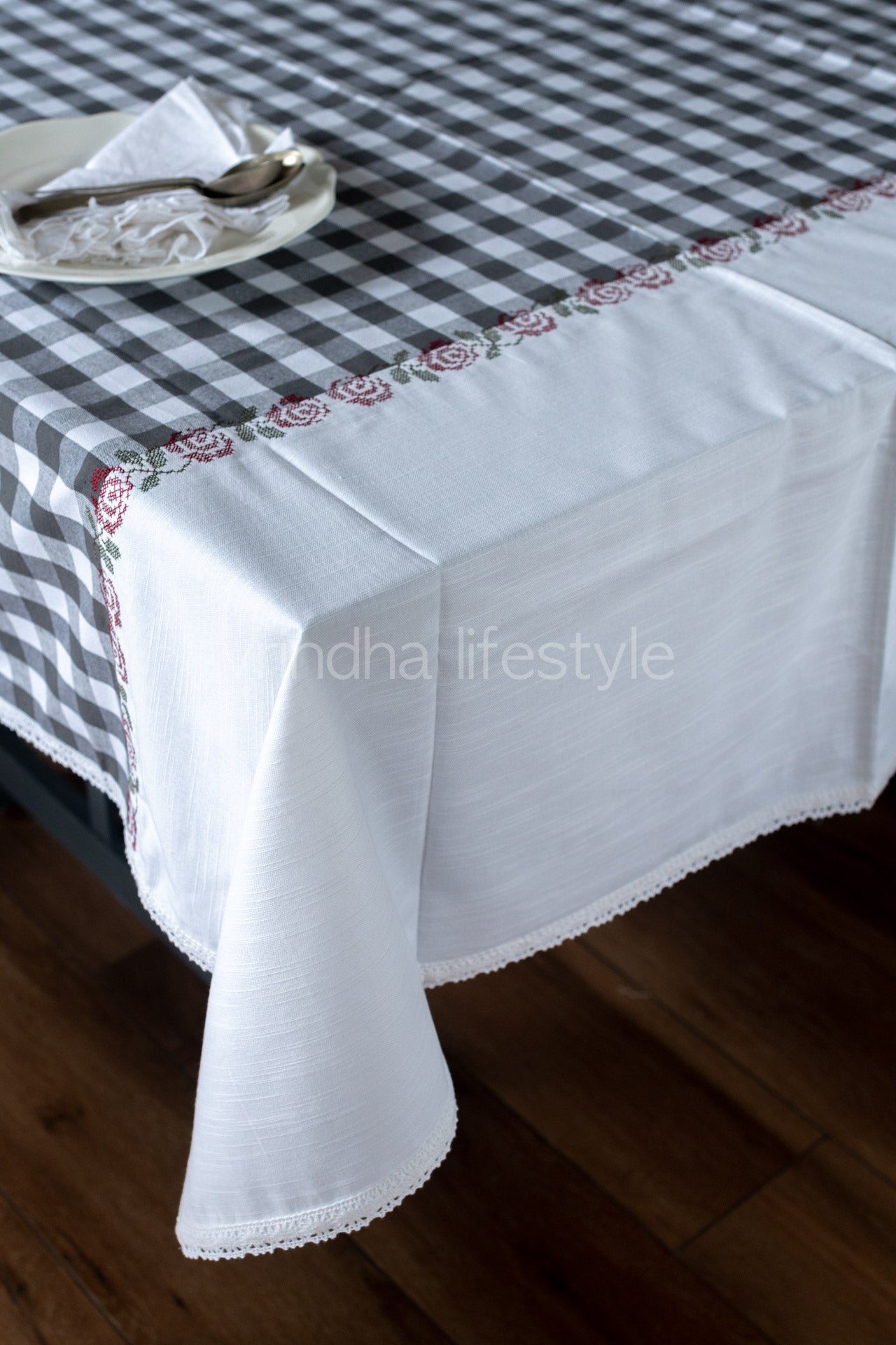 Cotton table cloth with cross stitch embroidery -58x94 inches-8 seater