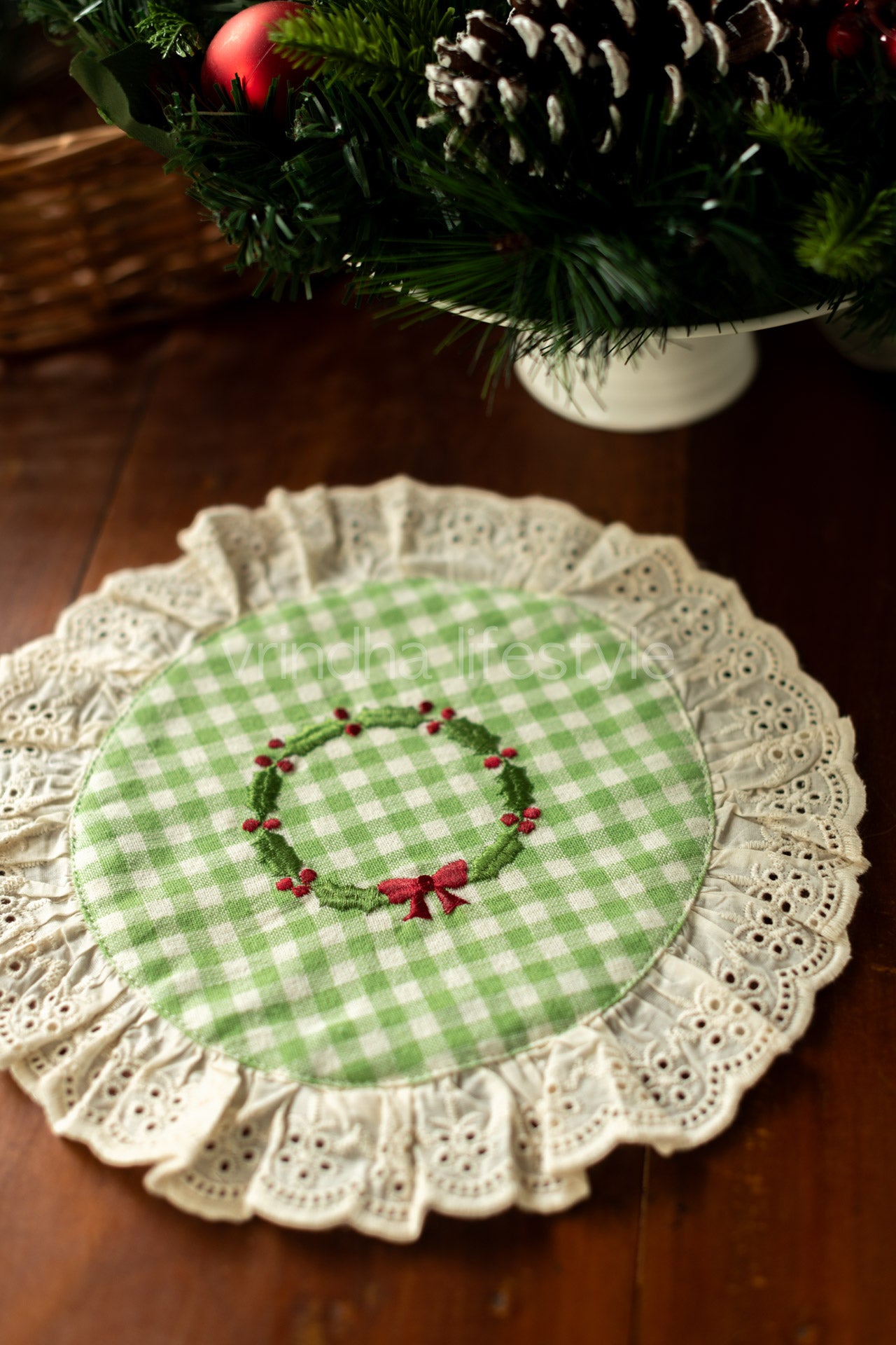 Round embroidered table mat with lace detailing ,10 inches-Single unit