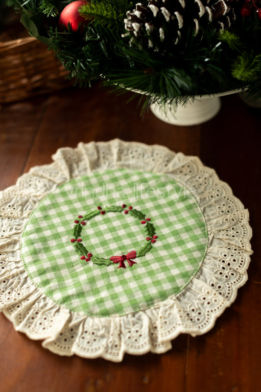 Round embroidered table mat with lace detailing ,10 inches-Single unit