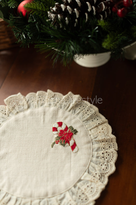 Round embroidered table mat with lace detailing ,10 inches-Single unit