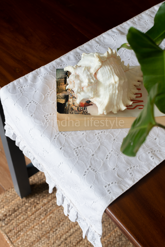 COFFEE TABLE RUNNER-Hakoba cotton with lace detailing -36x14 inches