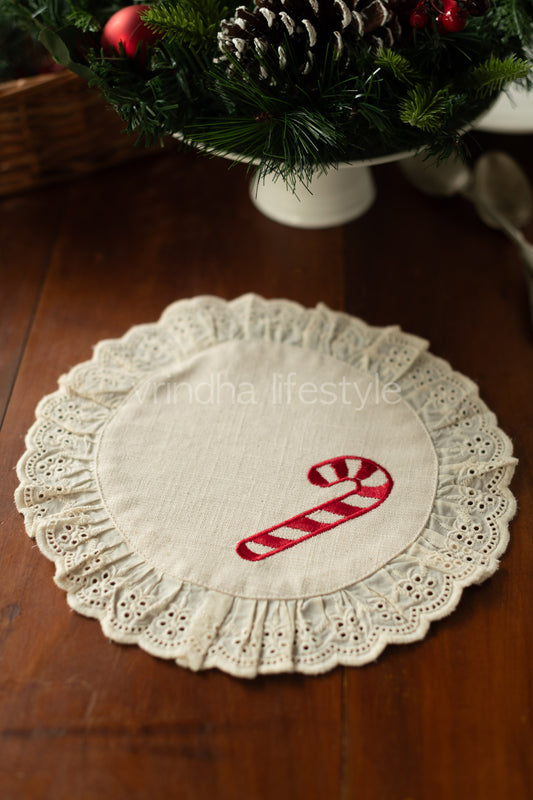 Round embroidered table mat with lace detailing ,10 inches-Single unit