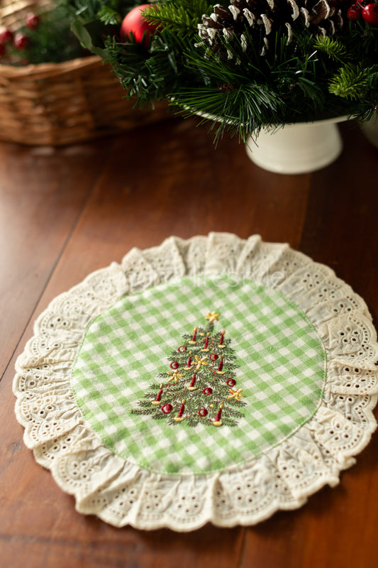Round embroidered table mat with lace detailing ,10 inches-Single unit