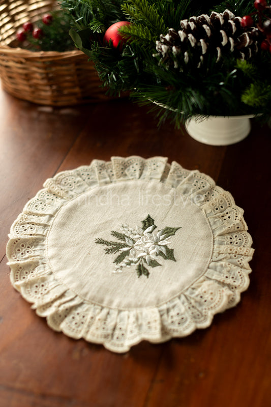 Round embroidered table mat with lace detailing ,10 inches-Single unit
