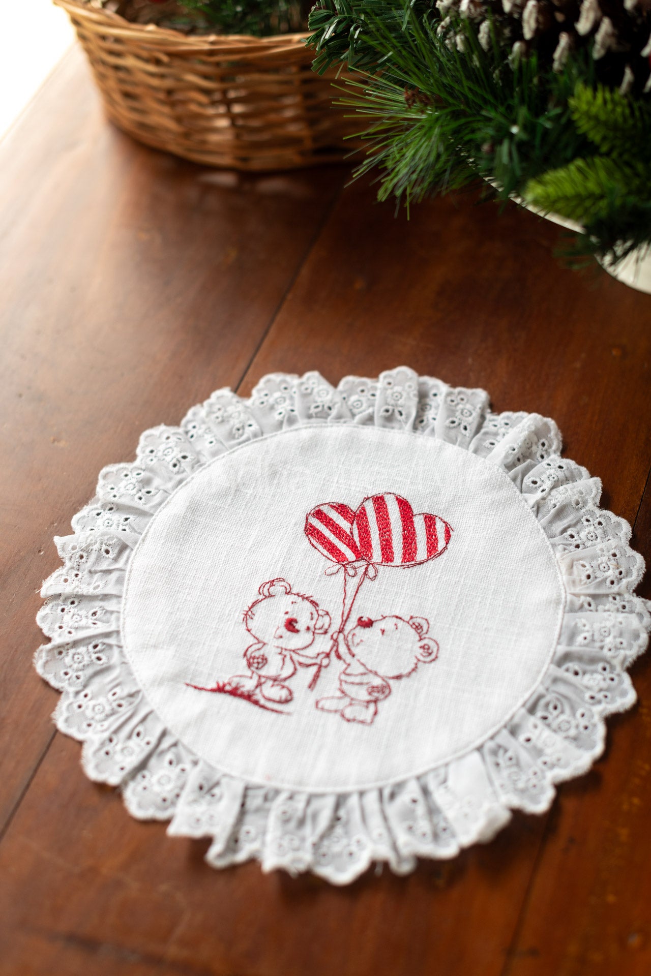 Round embroidered table mat with lace detailing ,10 inches-Single unit