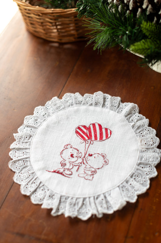 Round embroidered table mat with lace detailing ,10 inches-Single unit