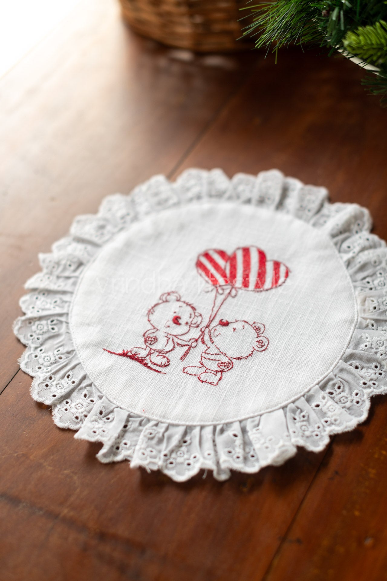 Round embroidered table mat with lace detailing ,10 inches-Single unit
