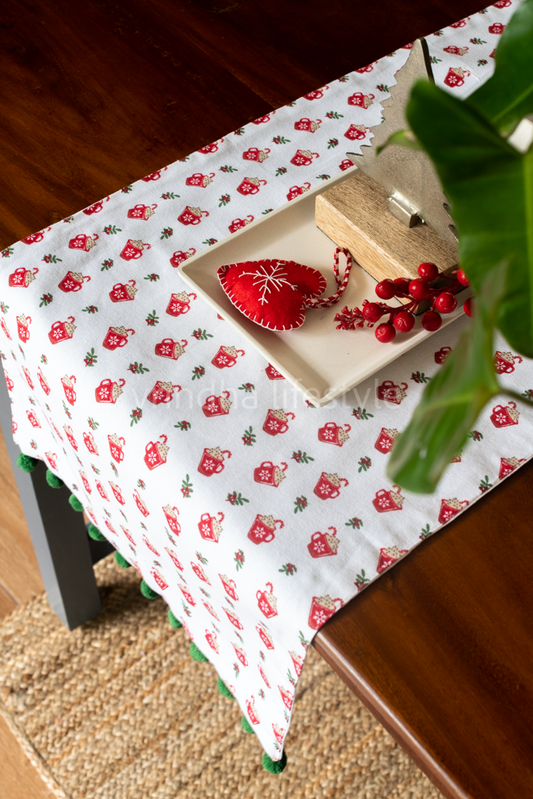 COFFEE TABLE RUNNER-printed cotton with pompom-36x14 inches