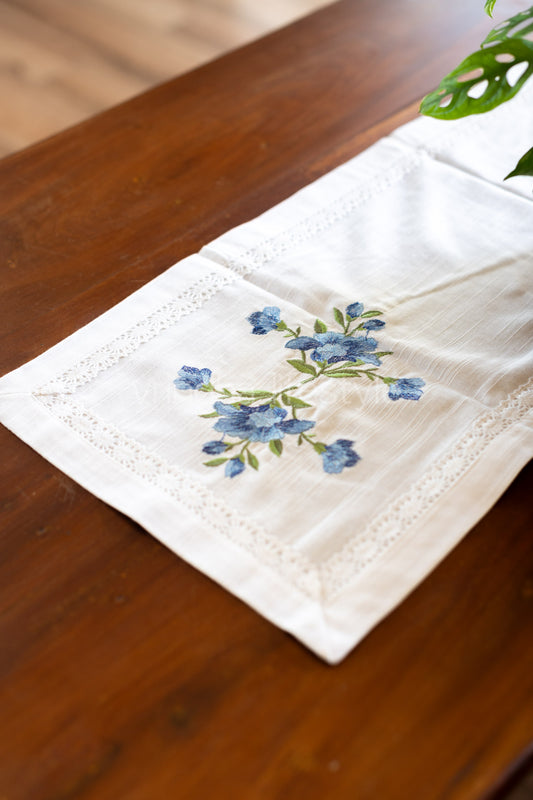 Cotton table runner with floral embroidery and lace detailing -4 seater -12.5x50 inches