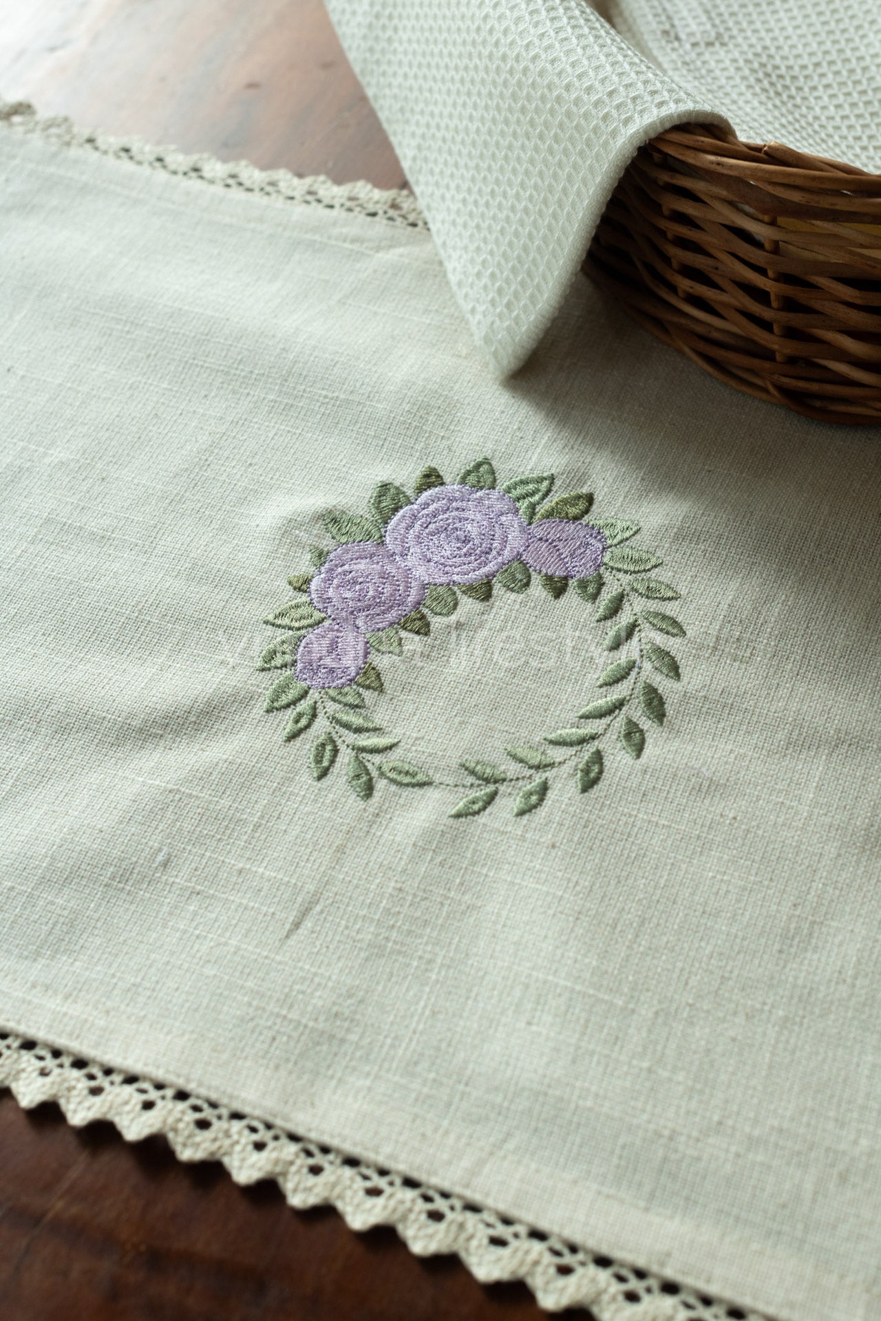 Cotton coffee table runner with embroidery and lace detailing - 12x31inches