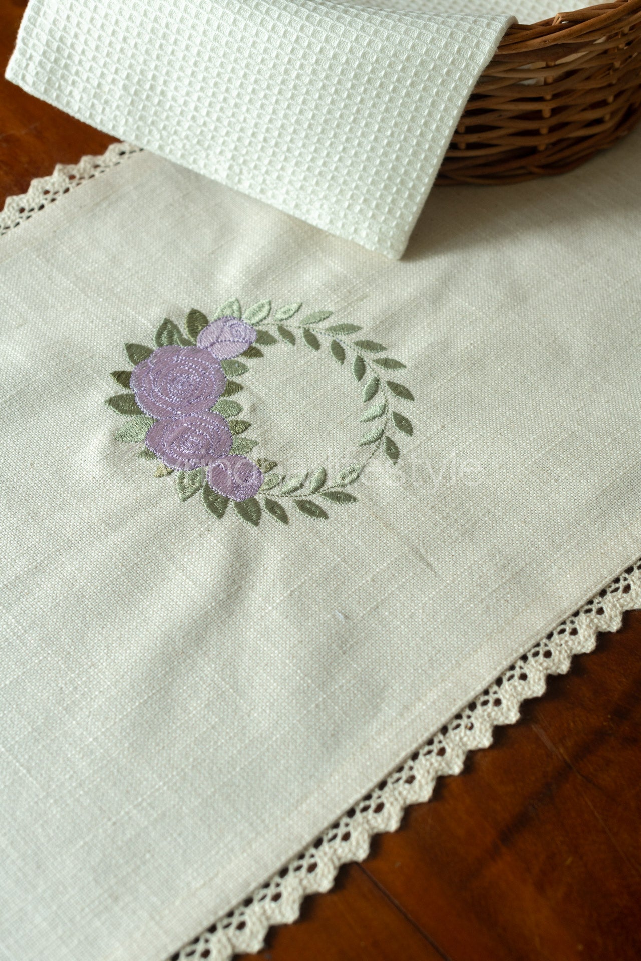 Cotton coffee table runner with embroidery and lace detailing - 12x31inches