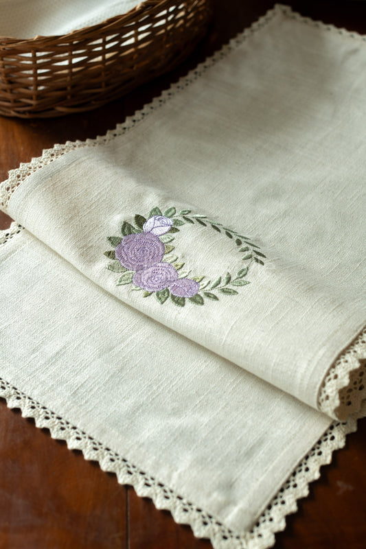 Cotton coffee table runner with embroidery and lace detailing - 12x31inches