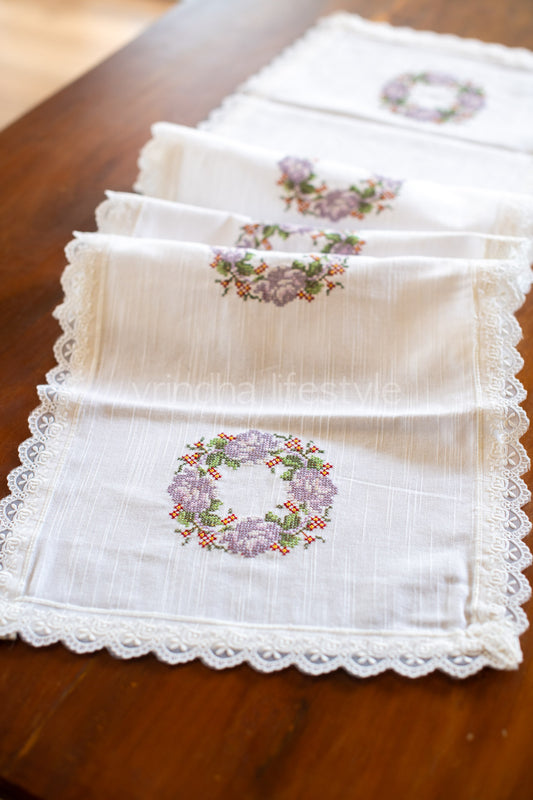 Cotton table runner with cross stitch embroidery and lace detailing -4 seater -12x48 inches