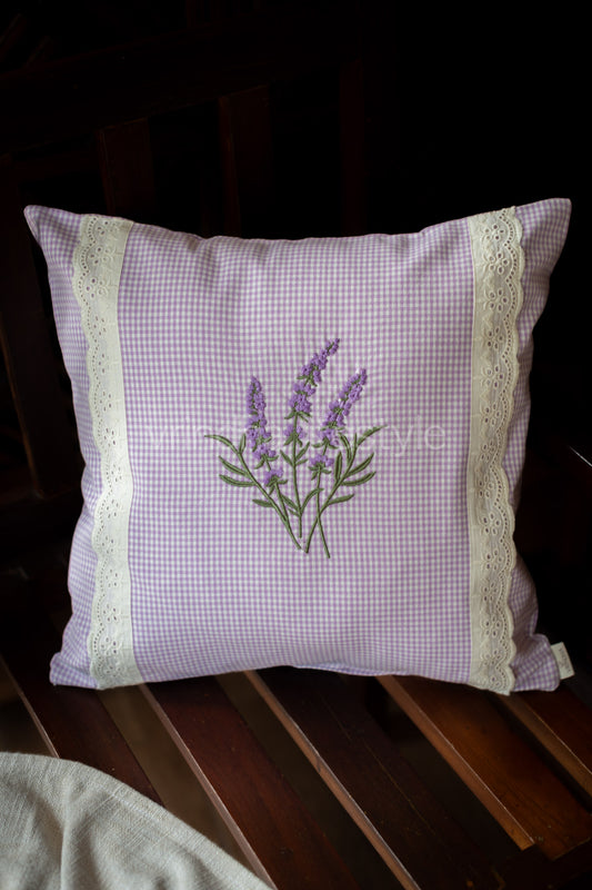 Gingham cushion cover with embroidery and lace detailing-Single unit- 16x16 inches-customisable